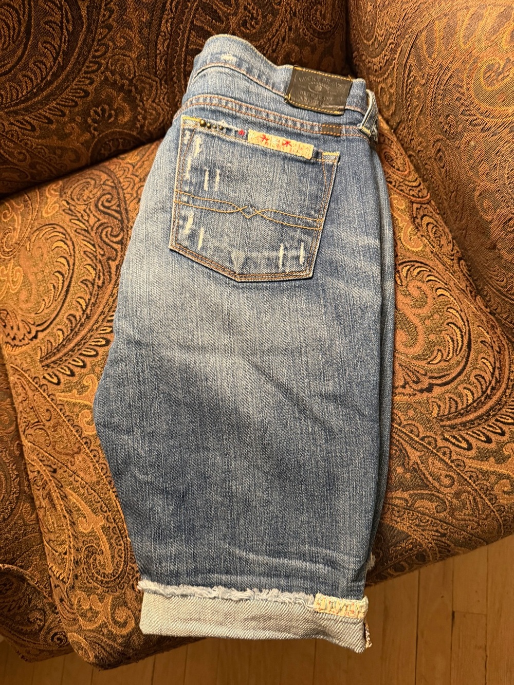 Lucky Brand Blue Denim Patchwork Shorts with orange  & Floral Accents/Size 6 - Picture 2 of 3